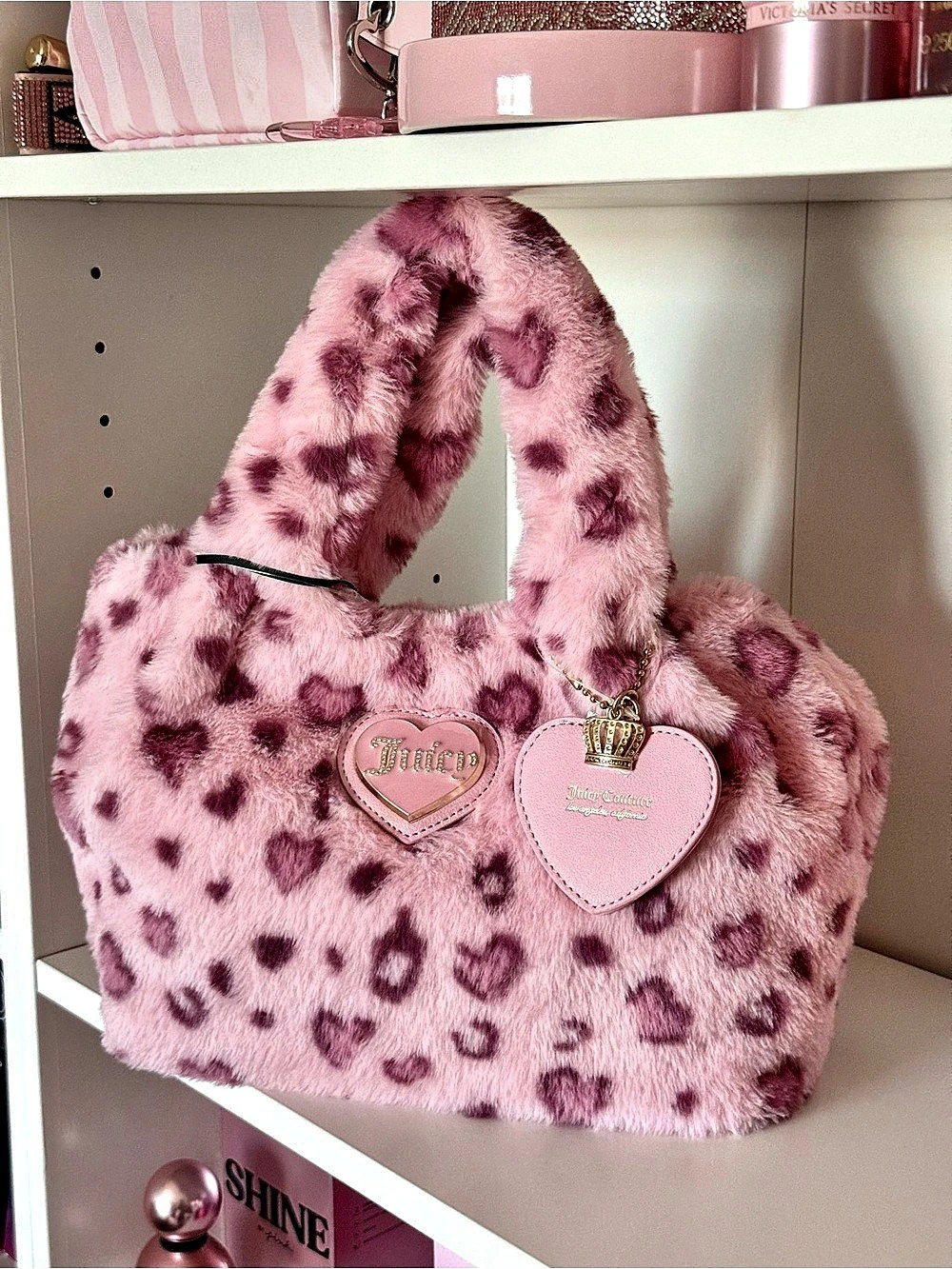 Juicy Couture Faux Fur Heart Leopard Satchel Pink Like New